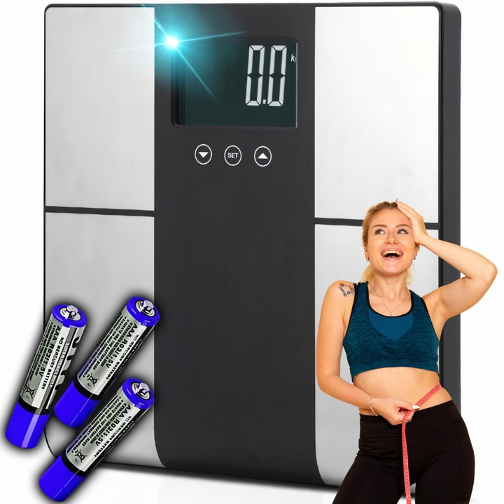 Retoo Цифрова везна Лична везна До 225 Kg Точност, класифицирана до 100 G Мускулна маса Измерване на телесни мазнини Измерване на вода LCD дисплей Голямо закалено стъкло 31X21Cm Черно Сребро