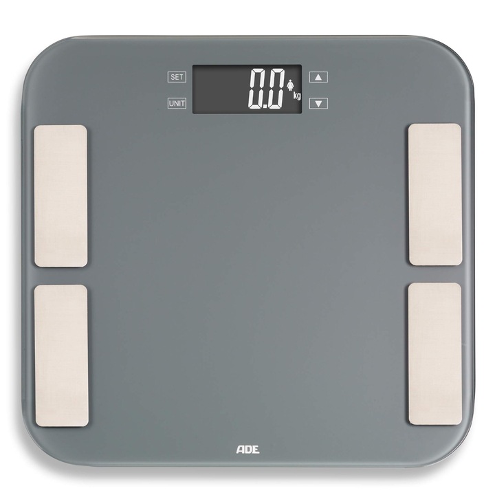 Везна Ade Ba1807 Malou Body Analysis Scale, цифрова персонална везна до 180 кг за анализ на телесни мазнини, повърхност за претегляне от закалено стъкло, сива