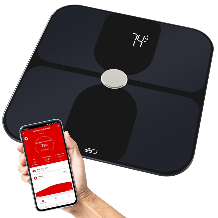 Emos Gosmart - Интелигентна домашна цифрова везна за баня с ИТМ, телесни мазнини и анализ на мускулна маса - С приложение - Bluetooth - Ito Glass - 18 данни за тялото - 10 потребителски профила - Капацитет на натоварване 180 кг - Черен