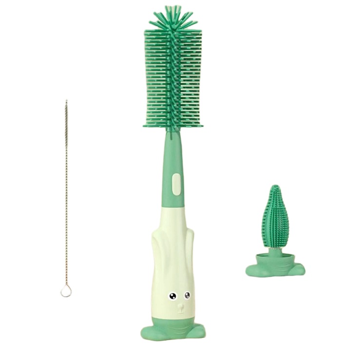 Perie curatare biberoane 3 in 1, Set de perii pentru sticle din silicon - Kit de curatare multifunctional 3 in 1 cu maner lung, perie durabila pentru paie si curatator de tetine pentru cani si ceainice, silicon, verde, 28.5cm