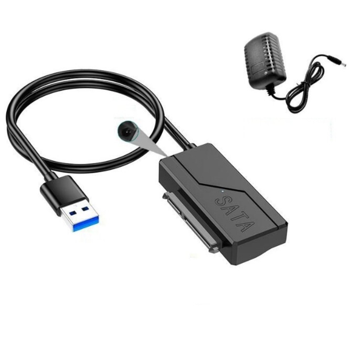 Adaptor USB 3.0 la SATA, viteza de pana la 5 Gbps, dimensiune mica si usor de transportat, pentru HDD/SSD 2.5/3.5 inch, plug and play, cu 12V sursa de alimentare, Negru