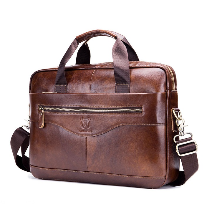 Servieta pentru barbati, BullCaptain, piele naturala, compartiment pentru laptop 16 inch, curea de umar ajustabila, maro, 40.5x29x8.5cm