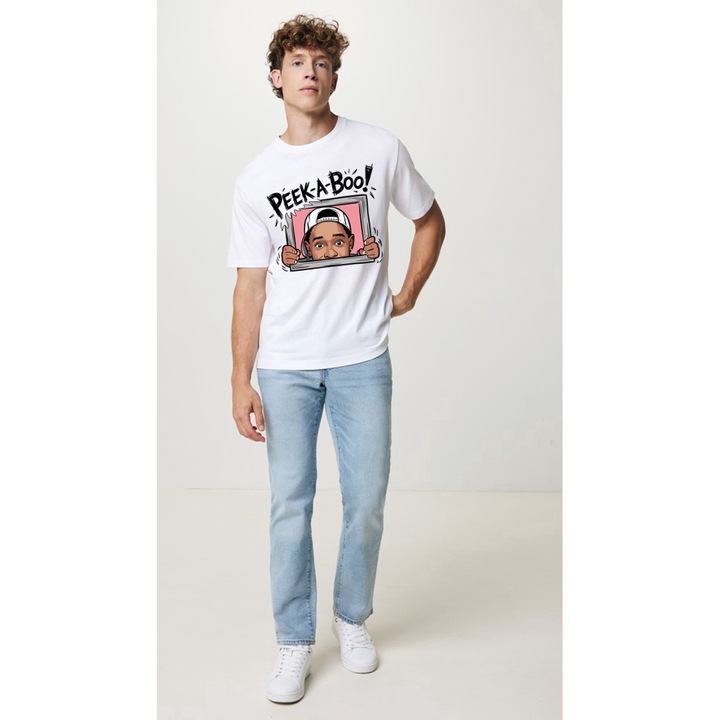 Fehér uniszex póló, "Peekaboo" üzenet, oversize szabás, M-es méret