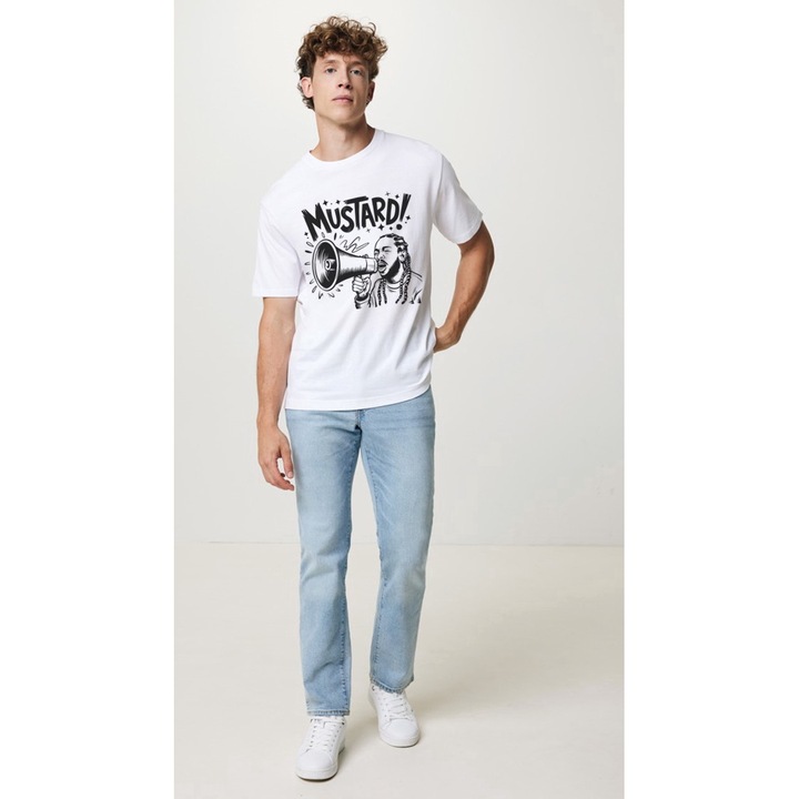 Fehér unisex póló, "Mustaard" felirattal, oversize szabású, L-es méret