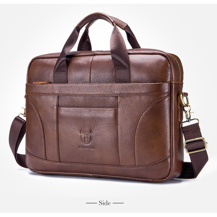 Servieta din piele naturala, BullCaptain, 40.5x29x8.5 cm, maro, cu bretea ajustabila, pentru laptop de 15.6 inch