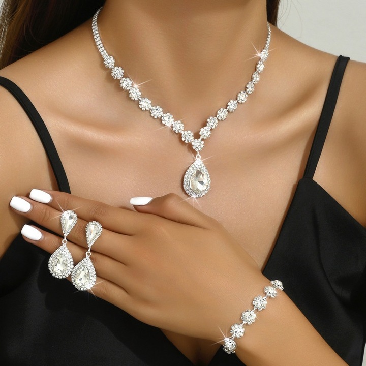 Дамски комплект бижута, обеци, колие, гривна, стил „цвете с кристали“, елегантен, сватбен, бял