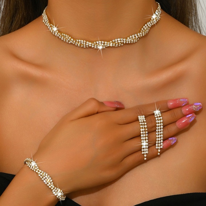 Дамски комплект бижута, Обеци с ресни, Колие, Гривна, Цирконий, Елегантен, Златист