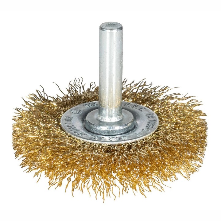 Perie sarma disc INTENSIV D-50mm cu sectiune fir 0.3mm L-12mm g-7mm despletit din otel alamit prindere cu tija d-6mm Energo
