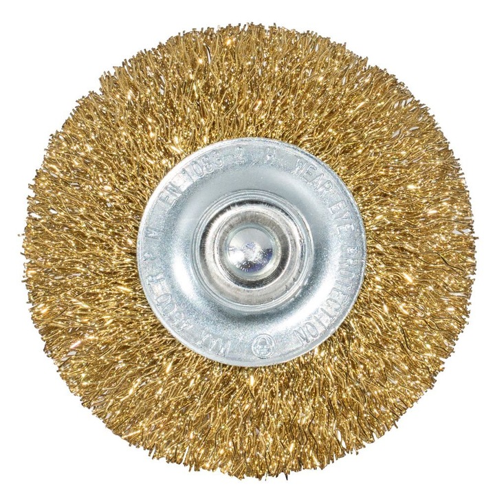 Perie sarma disc INTENSIV D-50mm cu sectiune fir 0.3mm L-12mm g-7mm despletit din otel alamit prindere cu tija d-6mm Energo