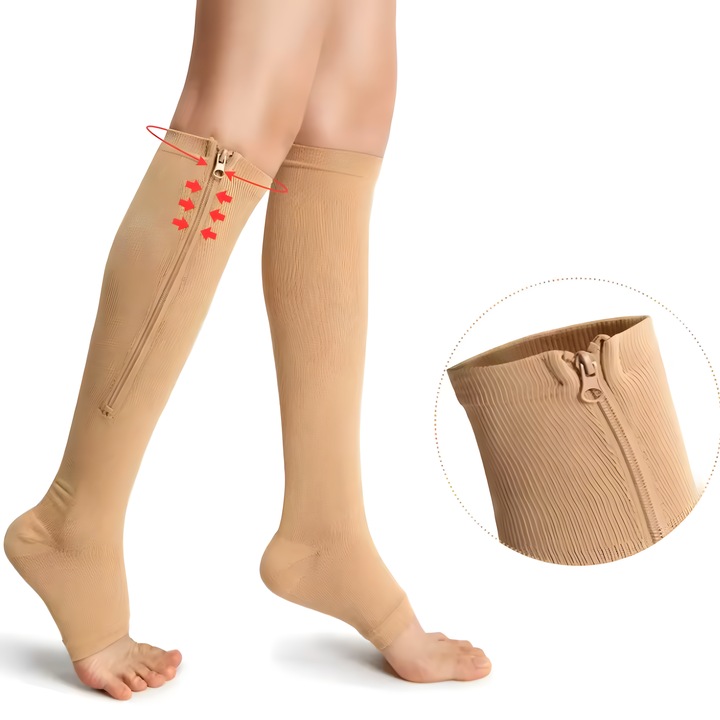 Ciorapi Compresivi Infiniteea™, Medicinali, 20-30mmHg, Fermoar, Fara Varf, Acoperire Calcai, Anti Alunecare, Previne si Trateaza Varicele, Oboseala si Durerile de Picioare, Unisex L/XL, Bej