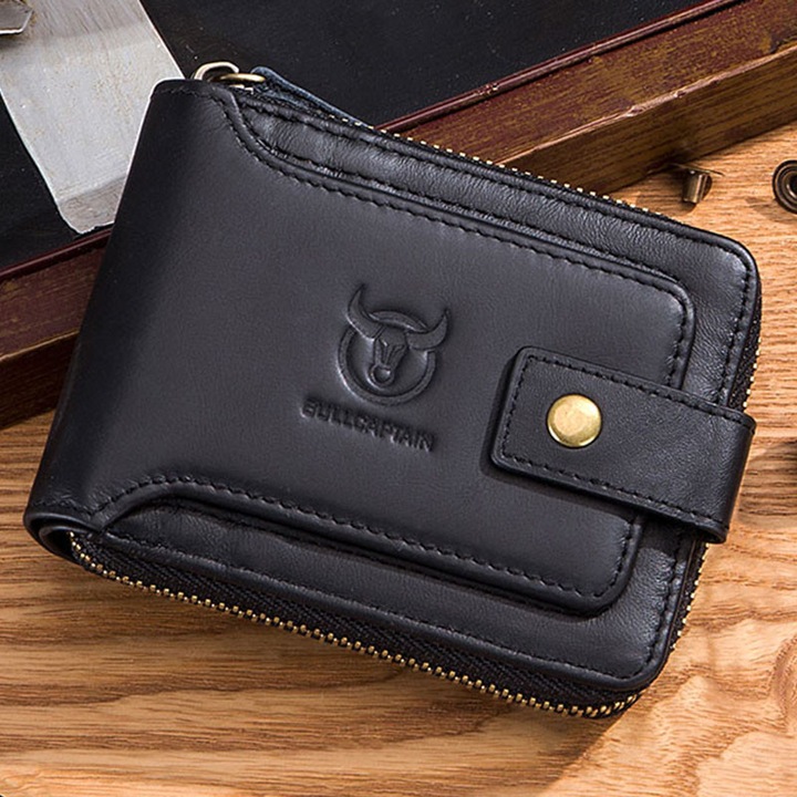 Мъжки портфейл, BullCaptain, естествена кожа, RFID защита, черен, 12x9x2.5см