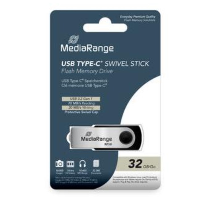 USB Stick MediaRange MR1952, USB 3.2 Gen 1, Type-C, 32 GB fekete/ezüst