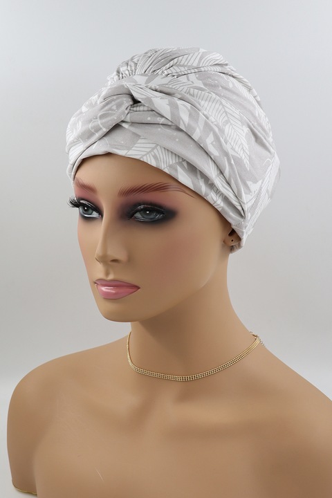 Nicoletta Turban B293 szürke, fehér, virágos, kemoterápia utáni turbán, kemo, Atelier de Creation Lidia