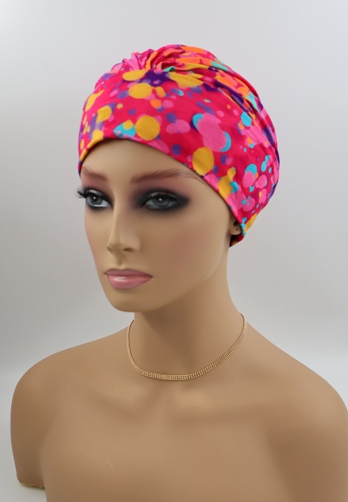 Turban ARIEL B468 coral, portocaliu, violet, mix grafica, turban post chimioterapie, chimio, Atelier de Creation Lidia