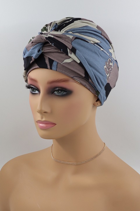 Turban Nicoletta B238 albastru indigo, caramel, gri, mix grafica, turban post chimioterapie, chimio, Atelier de Creation Lidia