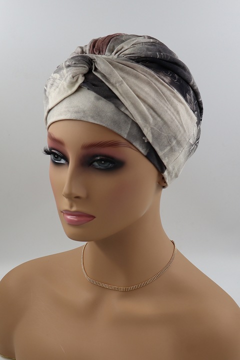 Turban Nicoletta B196 cappuccino, caramel, bej, design grafic. turban post chimioterapie, chimio, Atelier de Creation Lidia