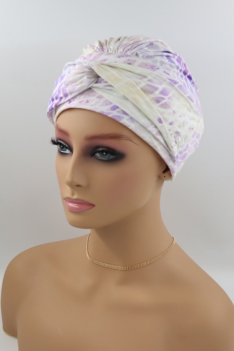 Turban Nicoletta B419 mov, alb, motiv animal, Atelier de Creation Lidia, casca, turban post chimioterapie, chimio