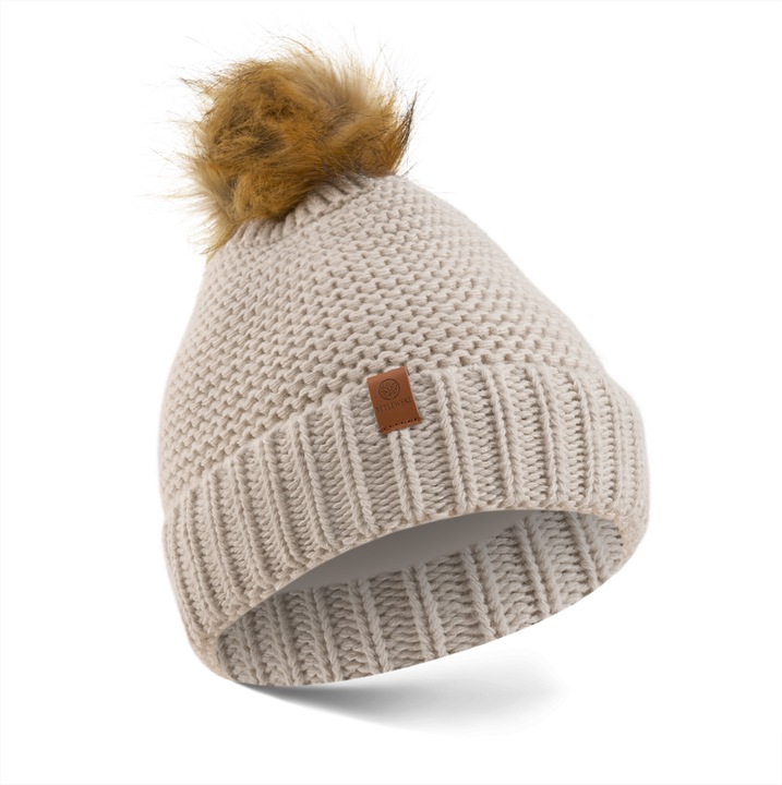 Női téli sapka Betlewski, téli, kötött mintás, akril fonal, bézs színű, 20 x 20 cm