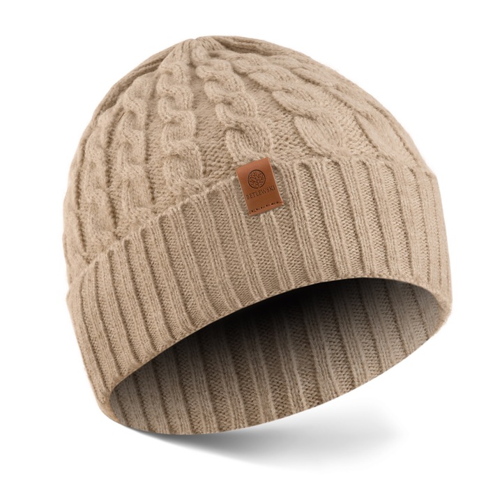 Női téli sapka, meleg sapka, Betlewski, Téli, poliészter, akril fonal, nylon, bézs színű, univerzális méret, kerülete 38 cm