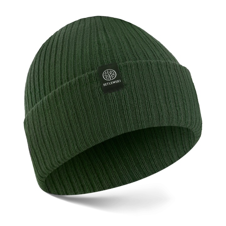 Férfi sapka, téli sapka, gumiszalaggal, Betlewski, Téli, akril fonal, zöld szín, univerzális méret