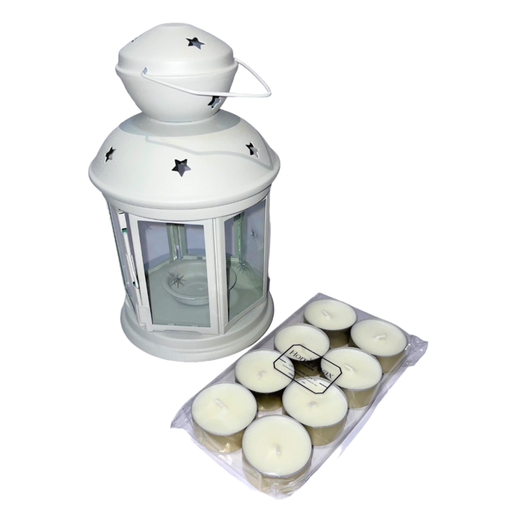 ЗЛАТЕН комплект, метален фенер и 8 неароматизирани свещи хапчета, соев восък, 128 гр.