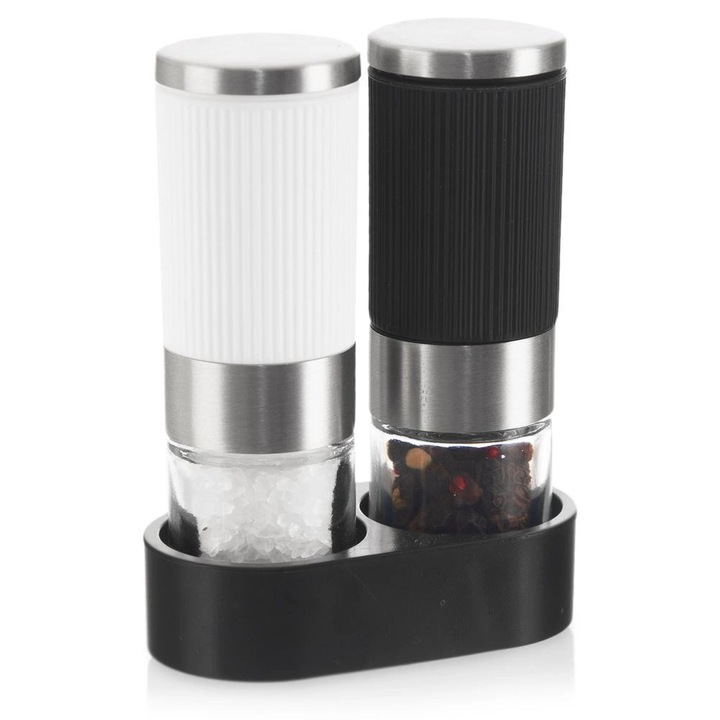 Set 2 rasnite pentru sare si piper cu suport, 9x3cm, sticla transparenta, inox, negru si alb