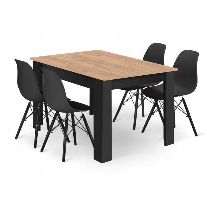 Set masa dreptunghiulara 120x80 craft + 4 scaune negre, MDF/lemn