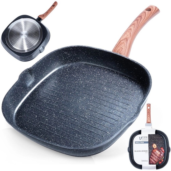 Tigaie grill cuadrata, 47x30,5x5cm, neagra, din aluminiu cu suprafata antiaderenta granitica