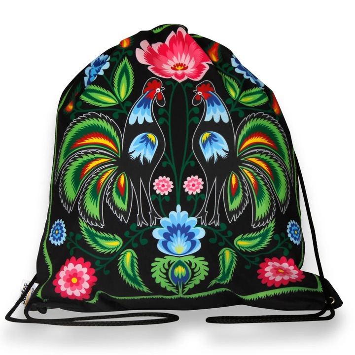 Дамска раница Sartrix, черна, цветен дизайн на цветя, полиестер, 34x44 см