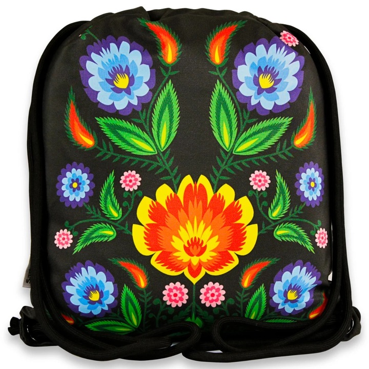 Дамска раница Sartrix, черна, цветен дизайн на цветя, полиестер, 35x39 см