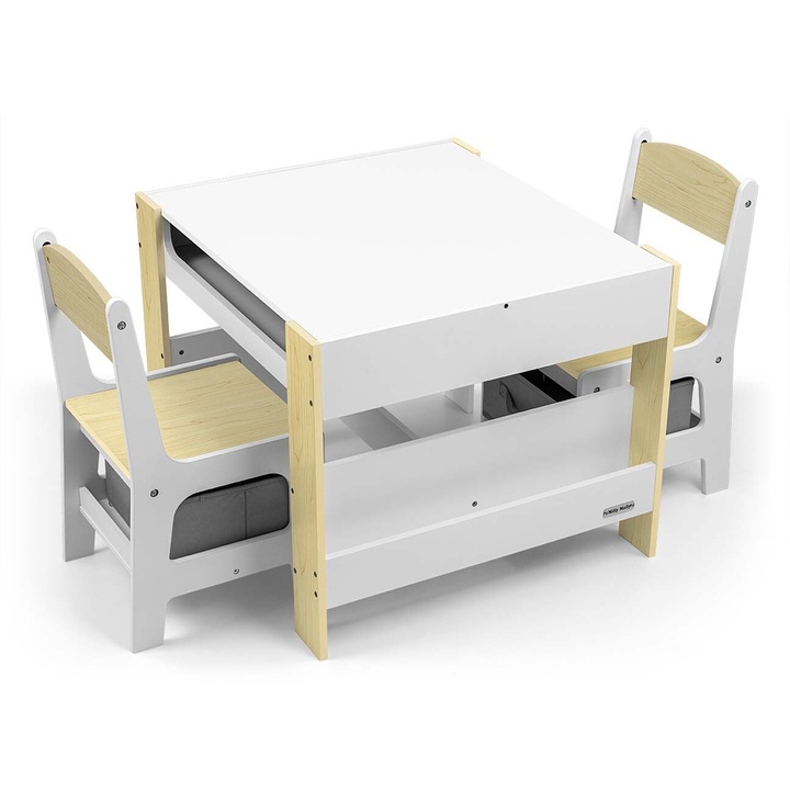 Set mobilier copii, Milly Mally, masa si 2 scaune Sven, alb-gri, dimensiuni 63x57x48,5cm