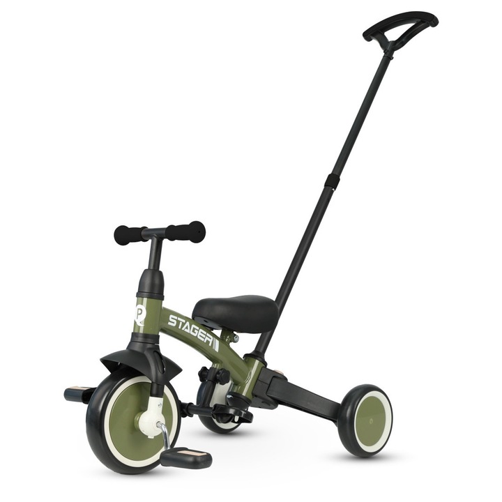 Tricicleta evolutiva 3-in-1 qPlay Stager, transformabila in bicicleta cu sau fara pedale, cu maner de control, 2-6 ani, Verde