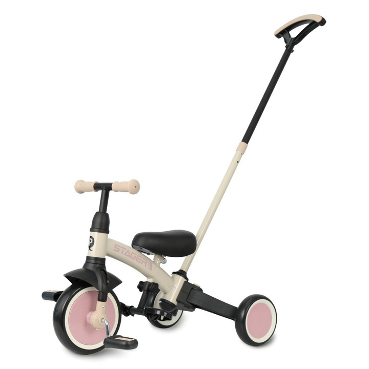 Tricicleta evolutiva 3-in-1 qPlay Stager, transformabila in bicicleta cu sau fara pedale, cu maner de control, 2-6 ani, Roz