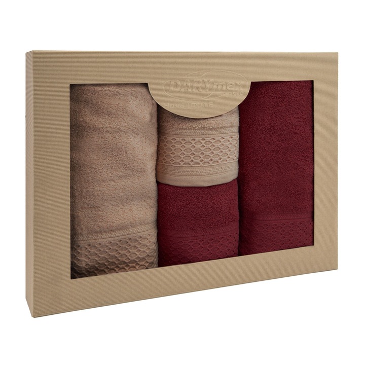 Set prosoape, 100% bumbac, 4 piese, 50x90cm + 70x140cm, culoare bordo