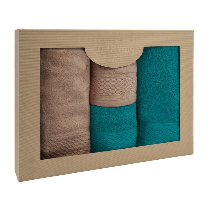 Set prosoape, 100% bumbac, 4 piese, 50x90cm + 70x140cm, turcoaz inchis