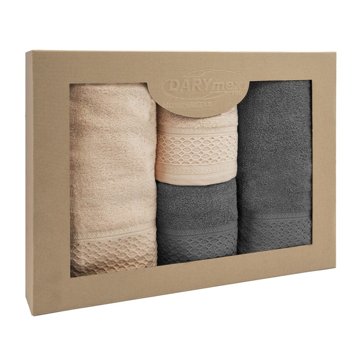 Set prosoape, 100% bumbac, 4 piese, 50x90cm + 70x140cm, cappuccino si gri inchis