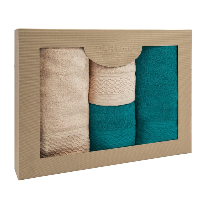 Set prosoape, 100% bumbac, 4 piese, cappuccino si turcoaz inchis, 50x90cm si 70x140cm