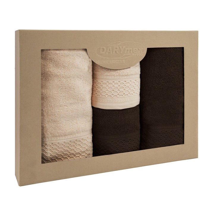 Set prosoape, 4 piese, Solano, 100% bumbac, 450g/m2, cappuccino si maro inchis, 50x90cm si 70x140cm