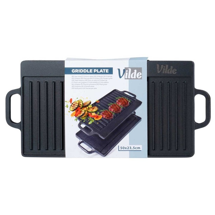Placa grill dubla din fonta, Vilde, 50,5x23,5cm, rezistenta la temperaturi ridicate, pentru carne, peste si legume