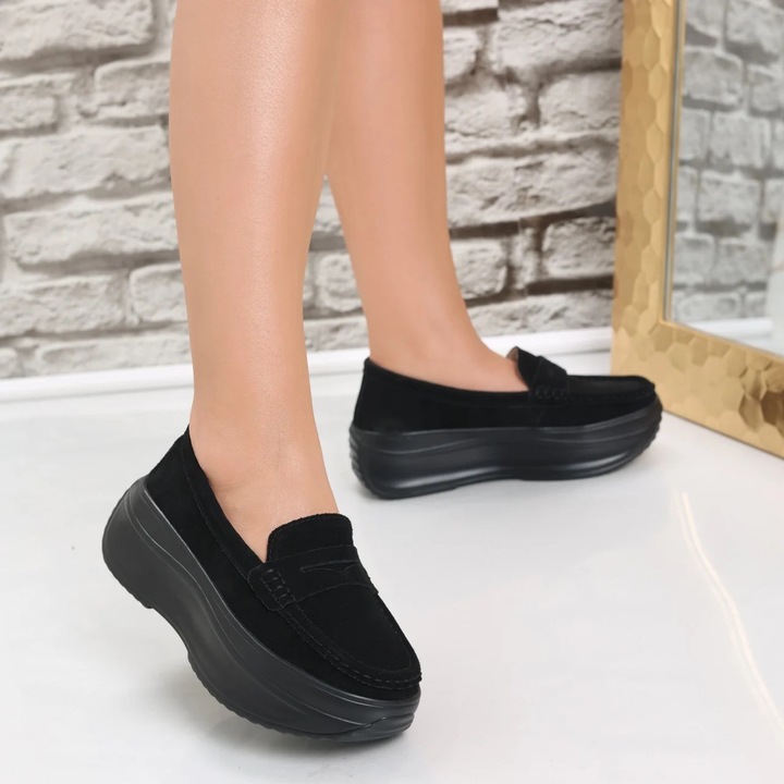 Pantofi dama cu platforma Negri din Piele Naturala intoarsa Alunsa, Negru