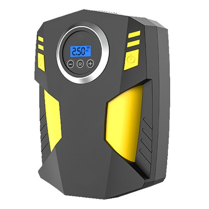 Compresor de aer portabil Enforose, cu manometru digital, LED, alimentare 12V, pentru anvelope auto, biciclete, mingi