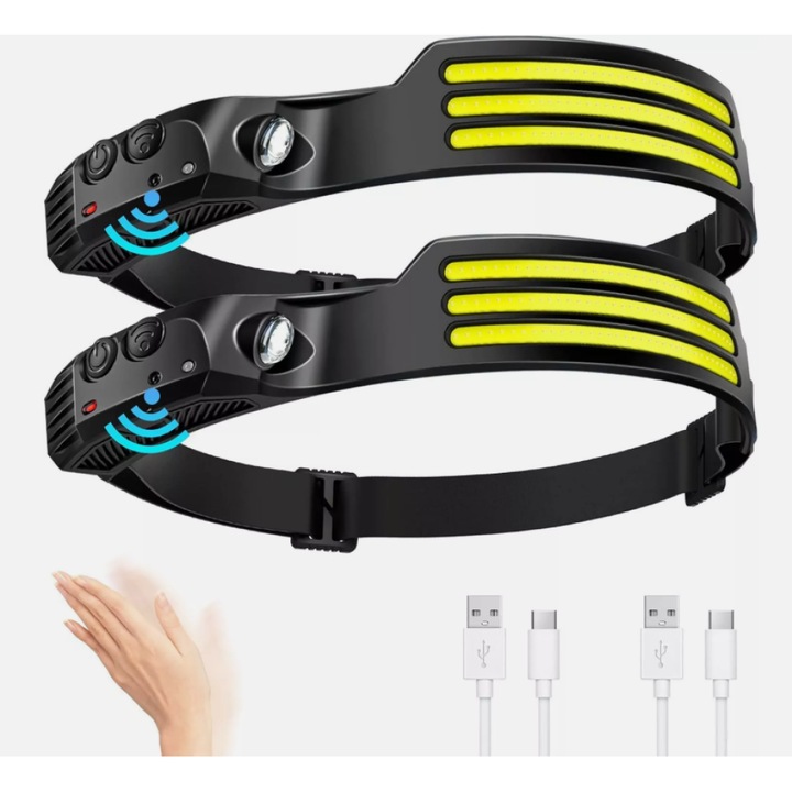 LED-es fejlámpa mozgásérzékelővel, Enforose, 2 darabos készlet, 5 világítási mód, újratölthető, 1200mAh, rugalmas