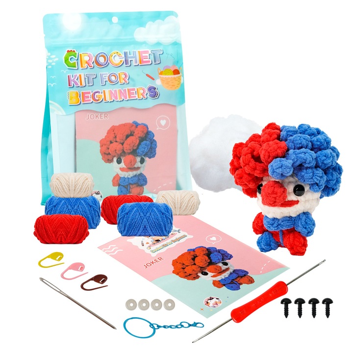 Kit de crosetat pentru incepatori, kit de ace de tricotat, kit de crosetat pentru incepatori pentru adulti, kit de tricotat cu croseta pentru animale, tutoriale video pas cu pas, cadou de artizanat DIY (papusa clovn)