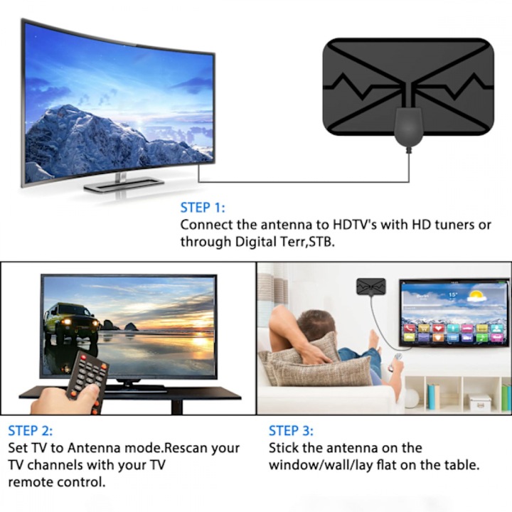 Цифрова HDTV антена, 360° многопосочно приемане, усилвател на сигнала, 16,5 футов коаксиален кабел