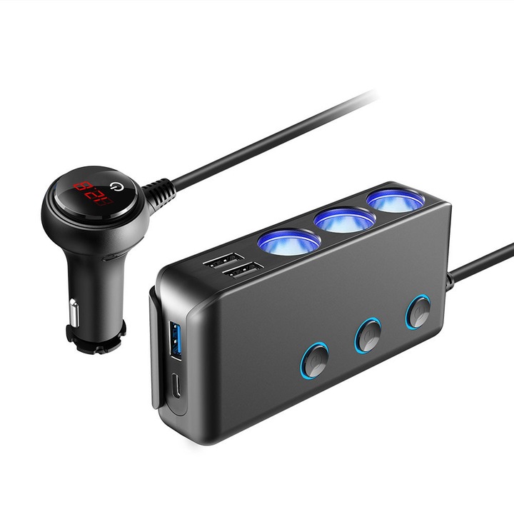 Adaptor auto pentru bricheta, 200W, cu comutatoare independente, chip IC inteligent, 4 porturi USB, 1 DIN