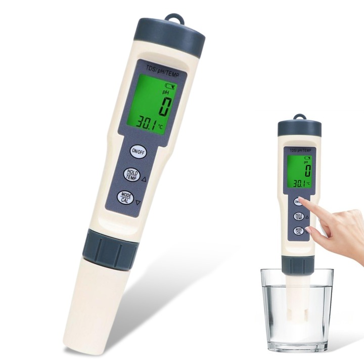 pH-metru digital 3 in 1 Enforose, tester de calitate a apei, precizie +/-0,1 pH, 0-14 pH, set pentru hidroponie, bauturi, piscina si acvariu