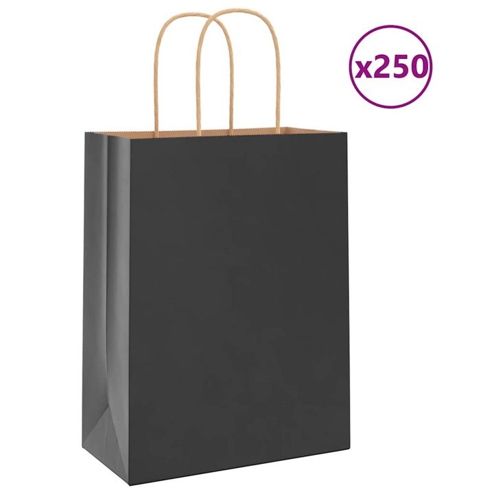 Set pungi de hartie vidaXL, 250 buc, cu manere, negre 21x11x28 cm 4101643