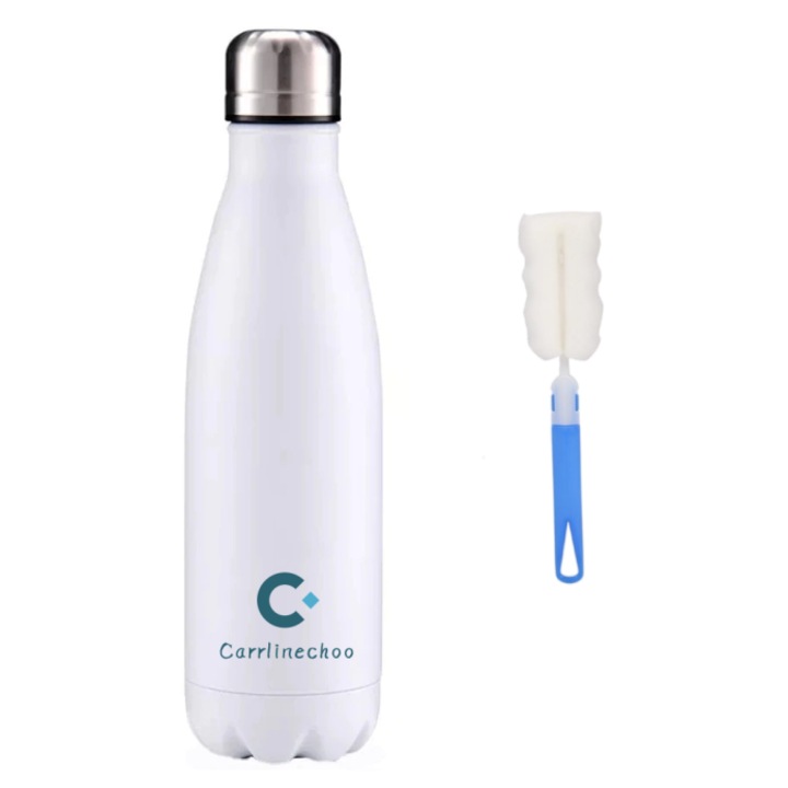 Élelmiszer-minőségű rozsdamentes acélból készült hőszigetelt palack, 500ml, Tisztítókefével, carrlinechoo®, Környezetbarát, Rozsdamentes és szivárgásmentes, 12 órán át melegen vagy hidegen tartja az italt, Fehér