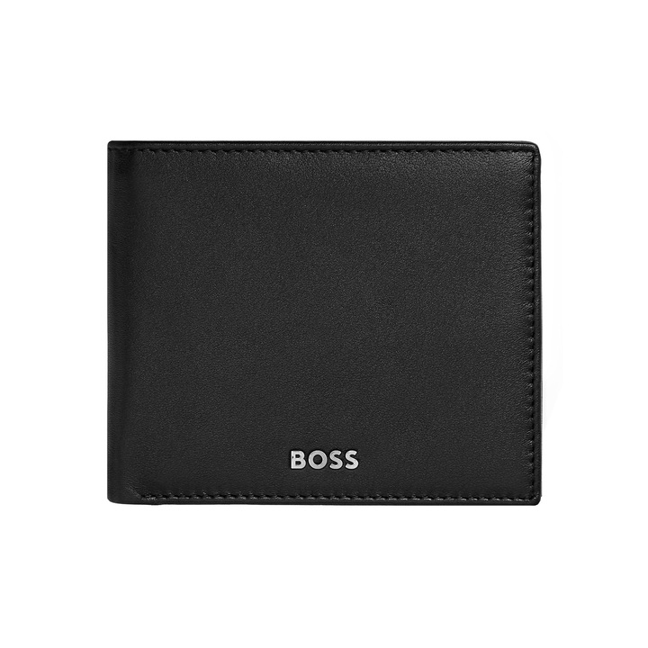 Portofel barbati, Hugo Boss Classic Smooth, cu clapa si compartiment pentru monede, negru