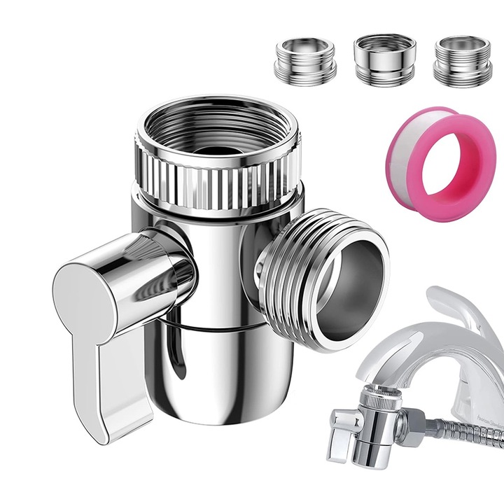 Diverter pentru dus, BOMSTOM, cu 3 adaptoare, cupru, argintiu, pentru robinet cu aerator